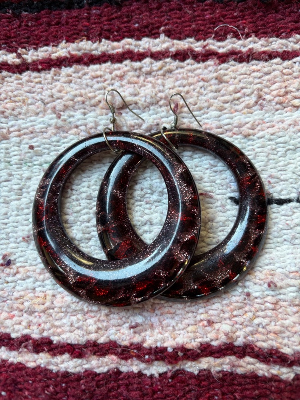 Vintage Extra Large Red Glitter Hoop Earrings